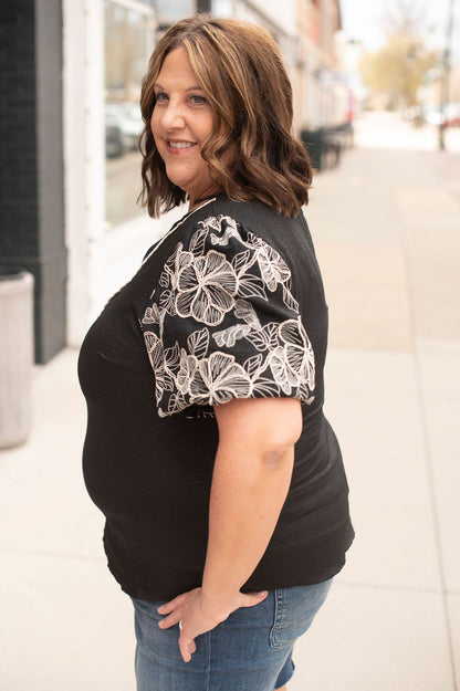 Black Floral Puff Sleeve Blouse