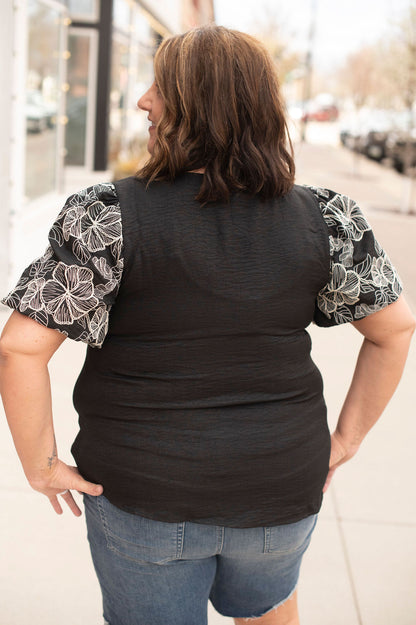 Black Floral Puff Sleeve Blouse