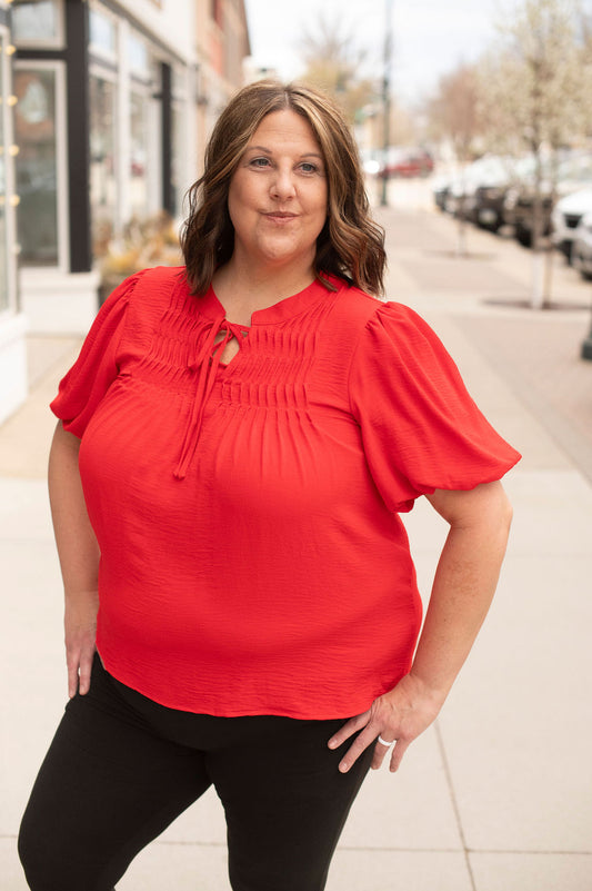 Red Puff Sleeve Tie Blouse