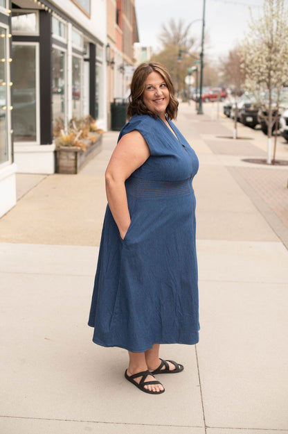 Denim Smocked Zip Dress
