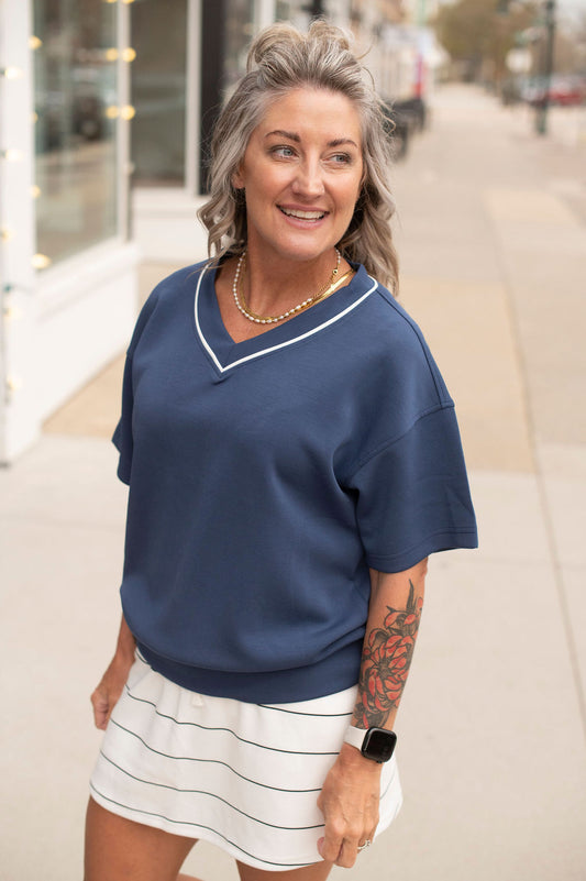 Navy Modal Scuba V Neck Top