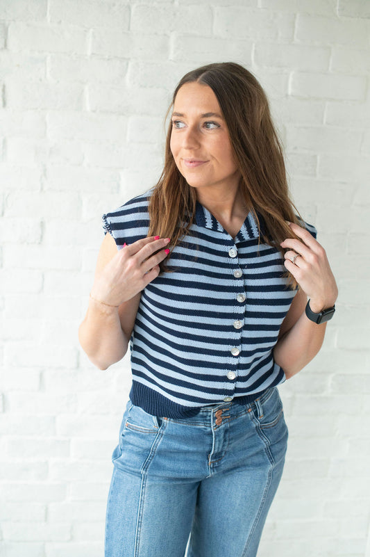 Navy + Blue Stripe Button SS Sweater