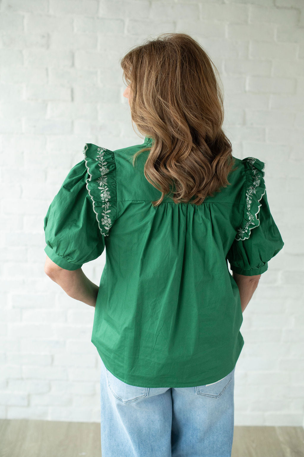 Green Smocked Puff Sleeve Blouse