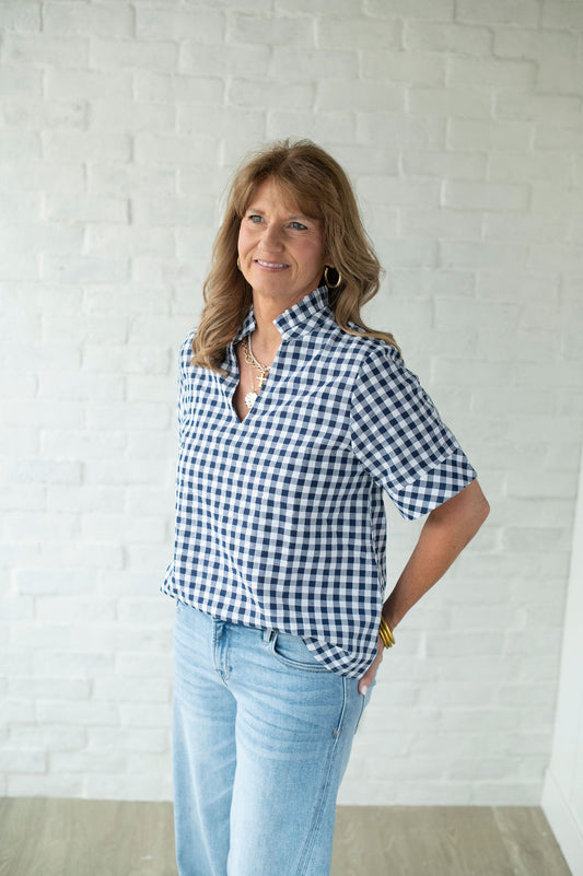 Navy Gingam Elbow Sleeve Blouse