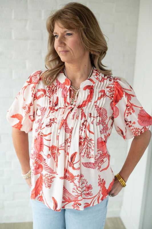 Cream + Red Floral Puff Sleeve Blouse