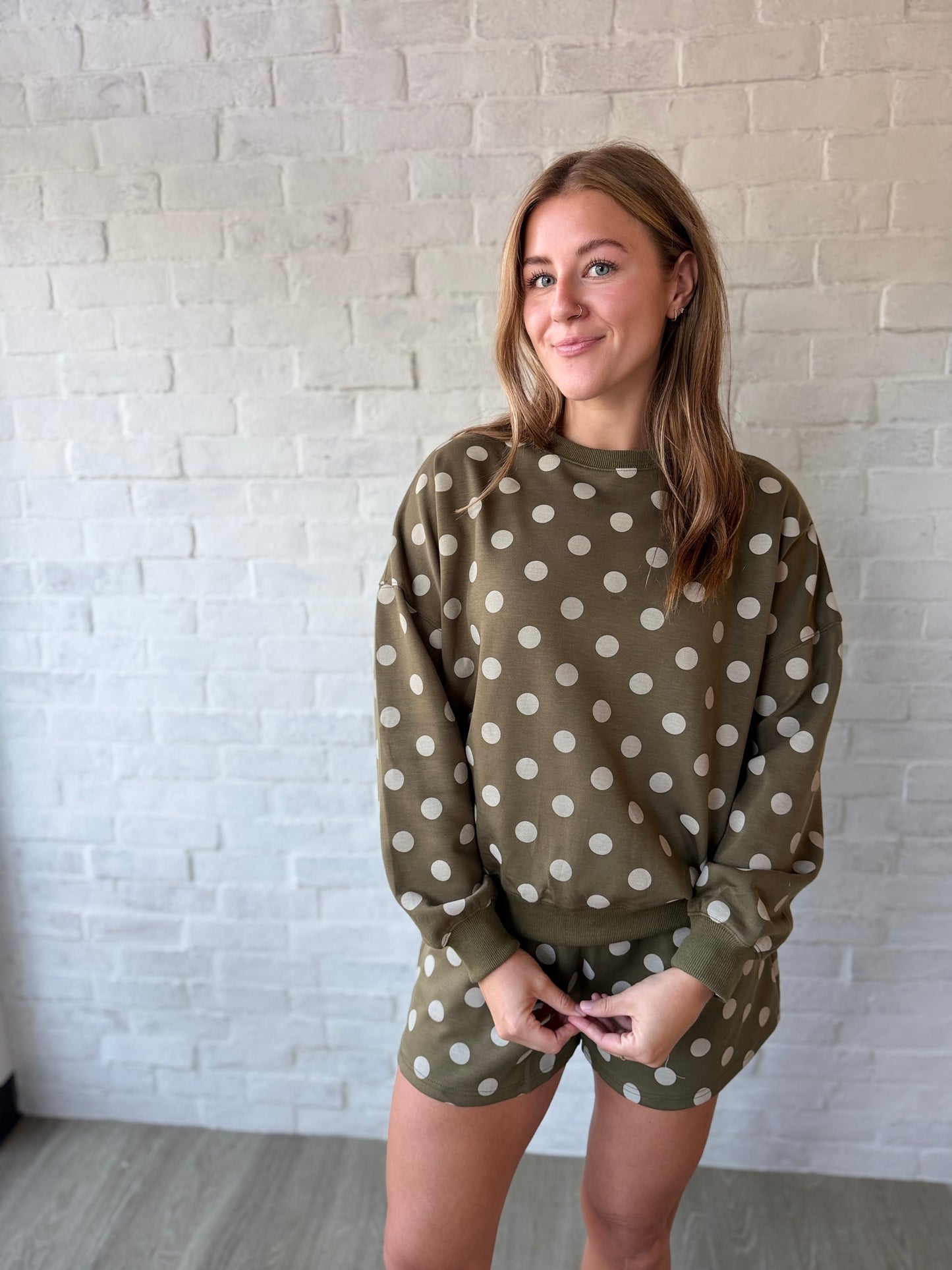 Olive Polka Dot Mock + Shorts Set