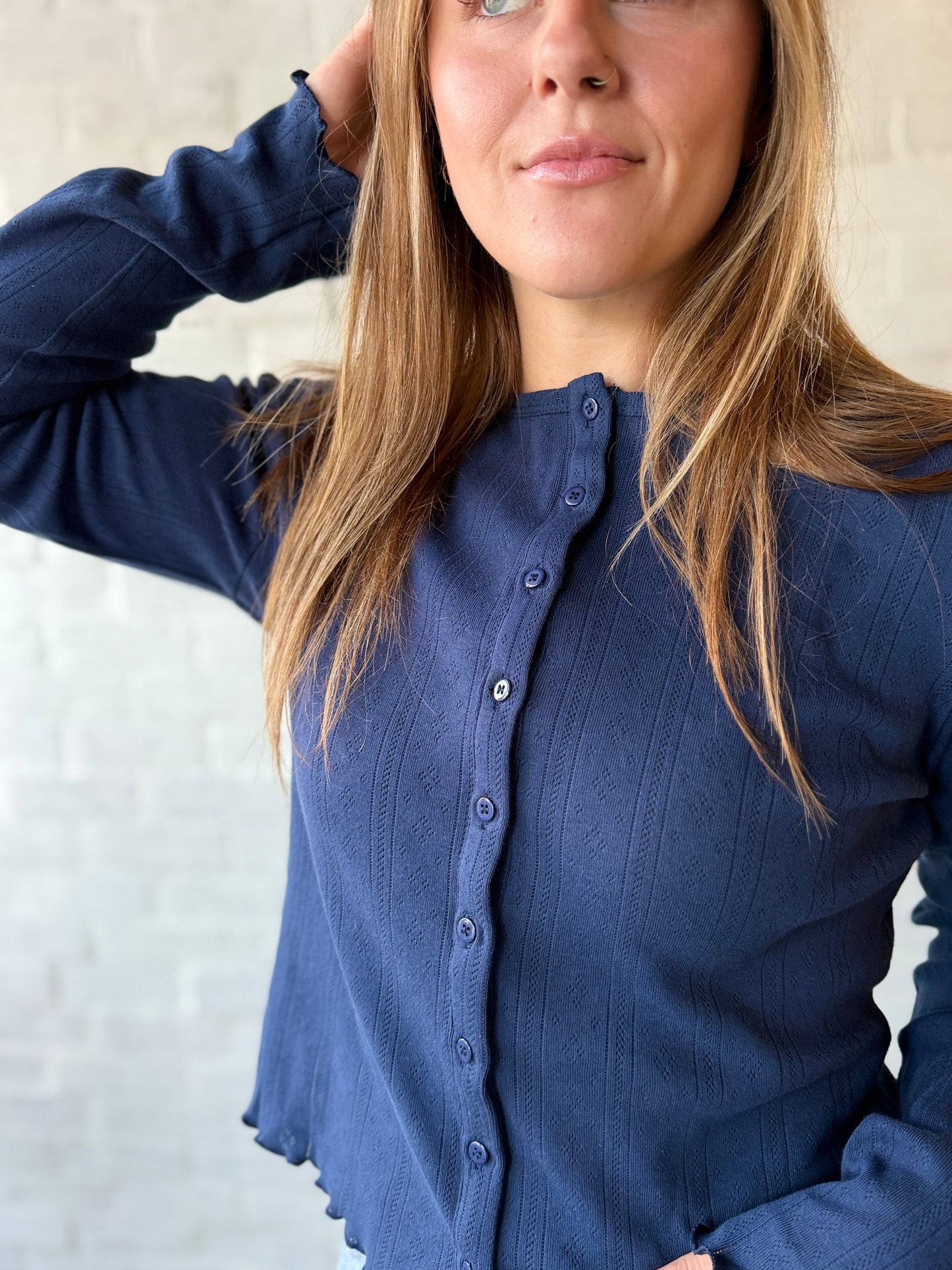 Navy Lettuce Hem Cardigan Sweater