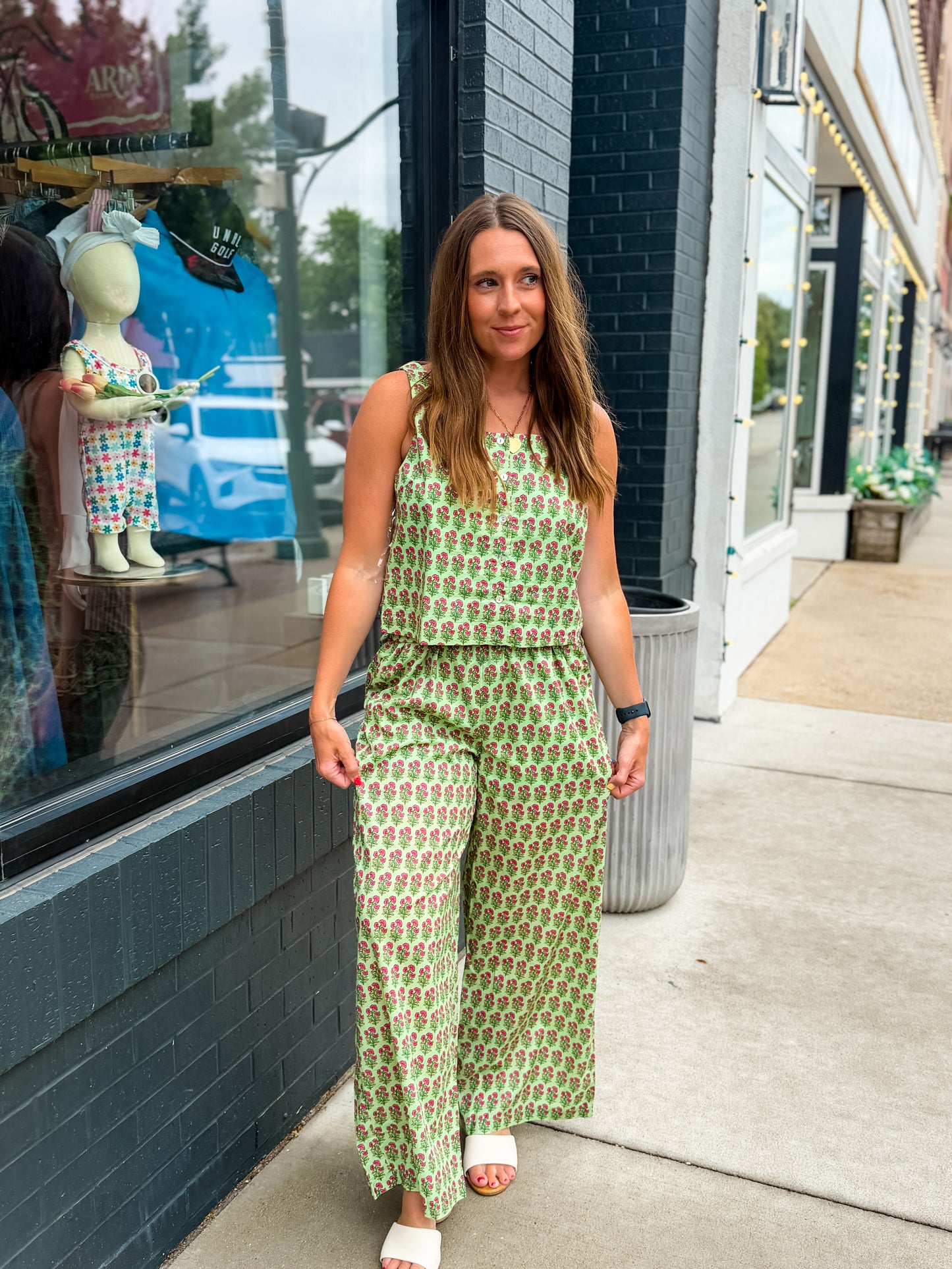 Green Botanical Print Pants