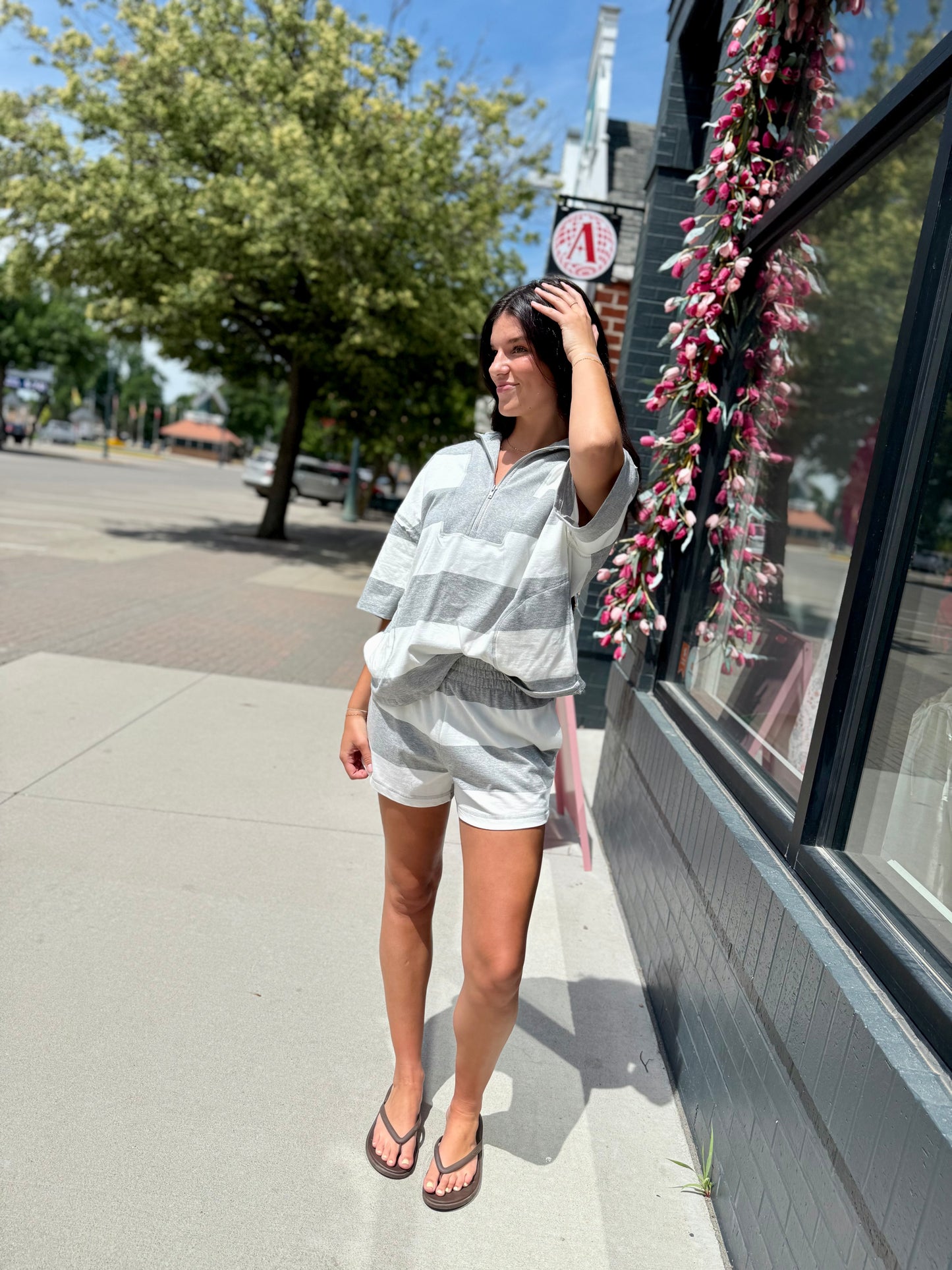Gray + White Stripe Cotton Shorts