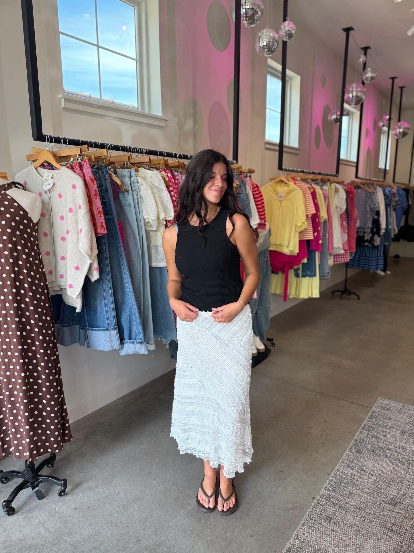Cream Lace Textured Midi Skirt