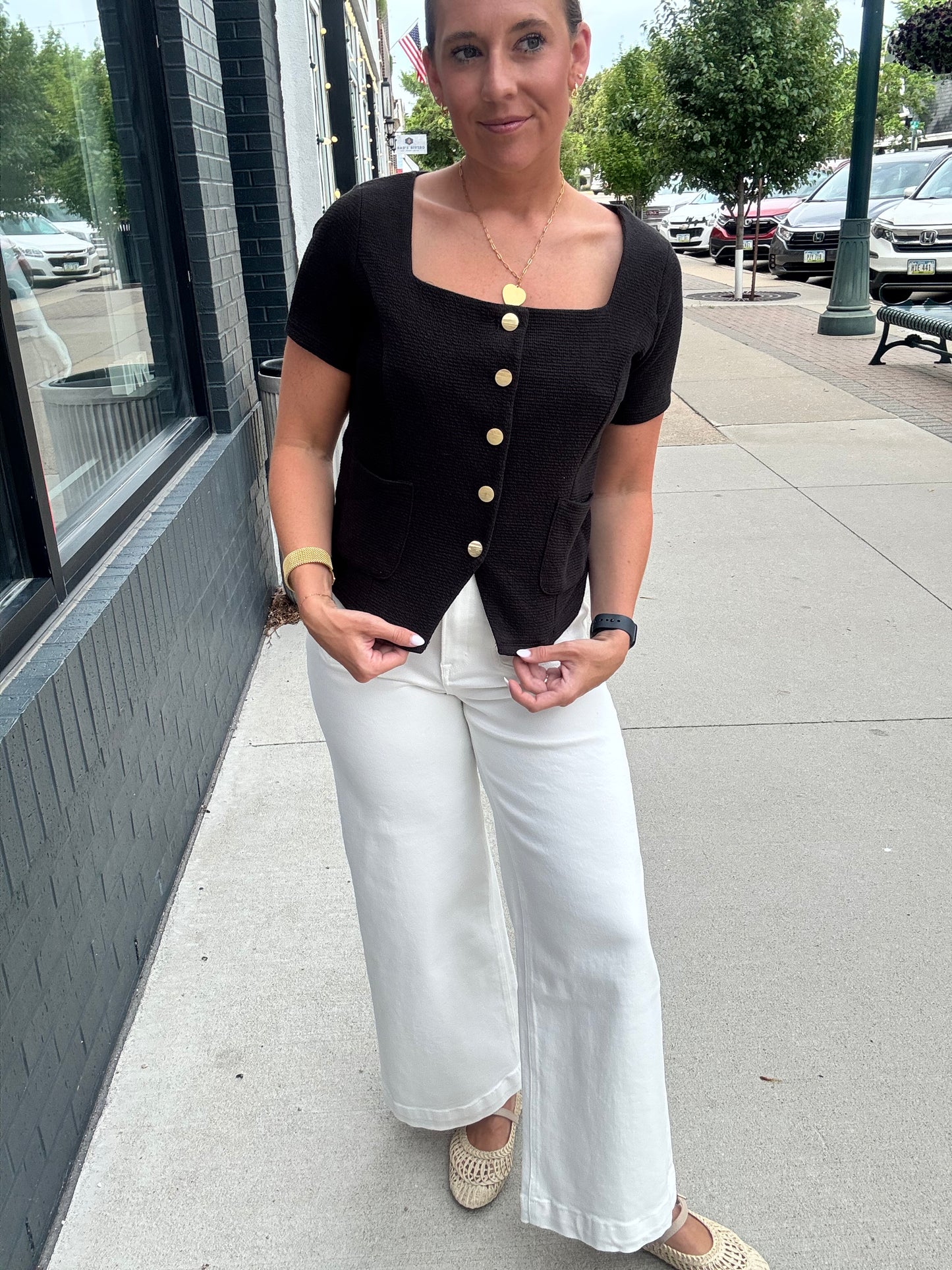 Black Square Neck Gold Button Blouse