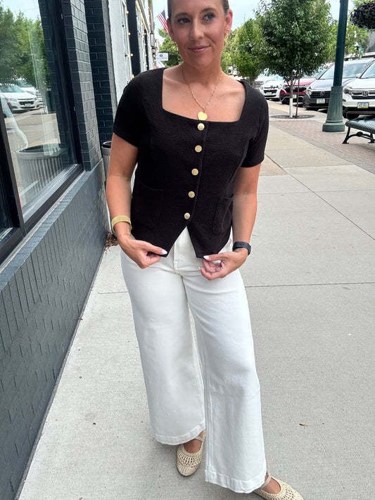 Black Square Neck Gold Button Blouse