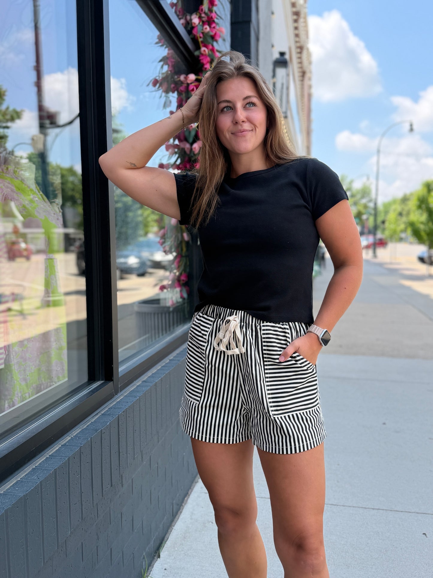 Black + Cream Striped Elastic Shorts
