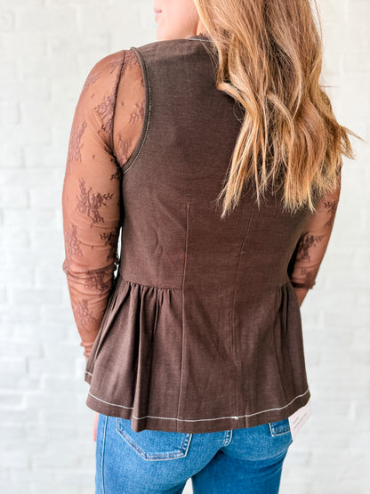 Brown Sleeveless Peplum Blouse