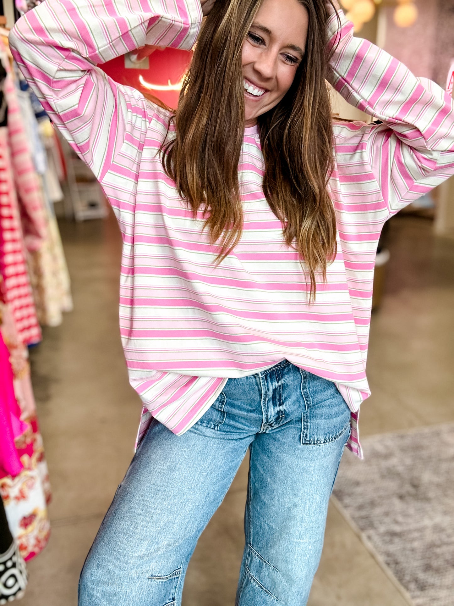 Pink + Multi Stripe Oversized LS Tee