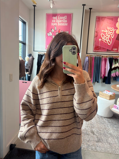 Taupe + Maroon Stripe Quarterzip Sweater