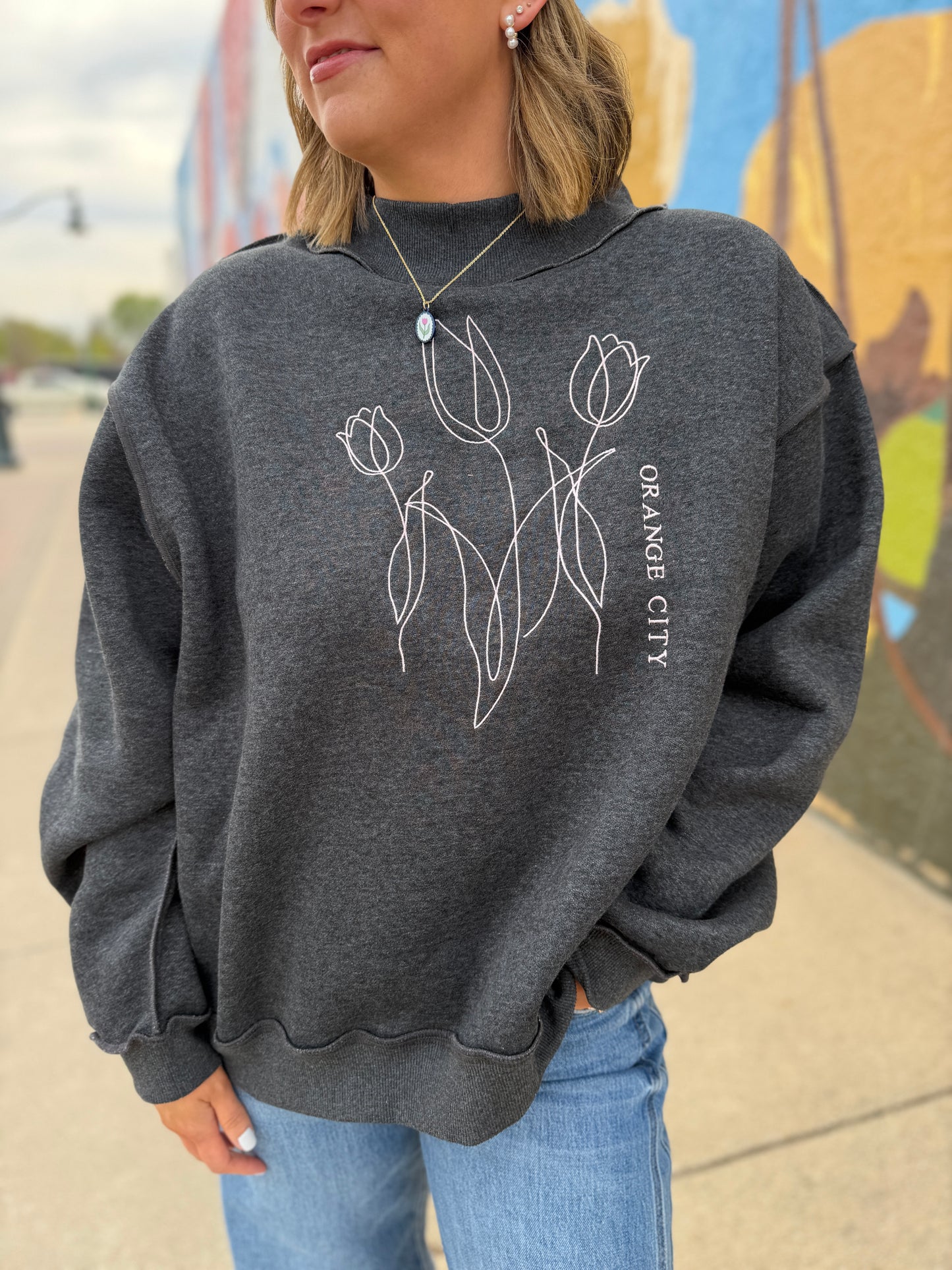 Tulips Embroidered Mock Neck