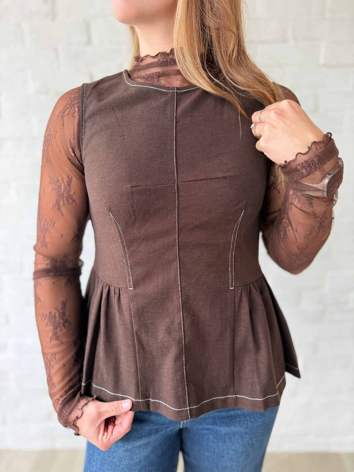 Brown Sleeveless Peplum Blouse