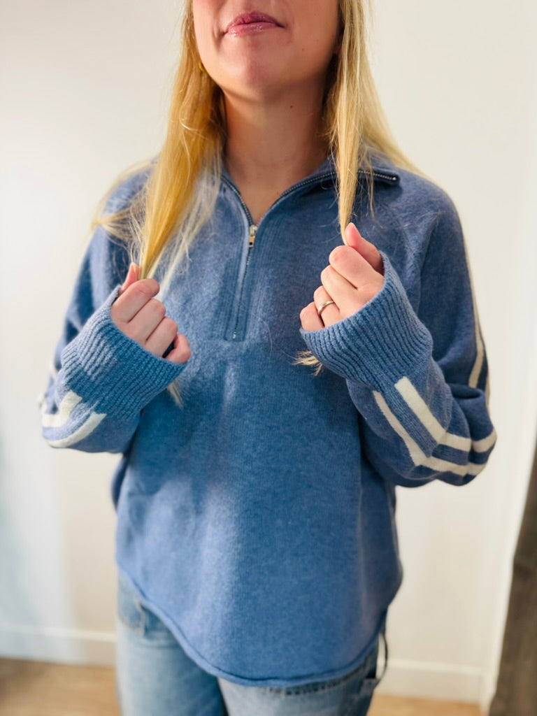 Blue + Cream Varsity Half Zip Pullover