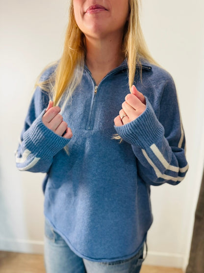 Blue + Cream Varsity Half Zip Pullover