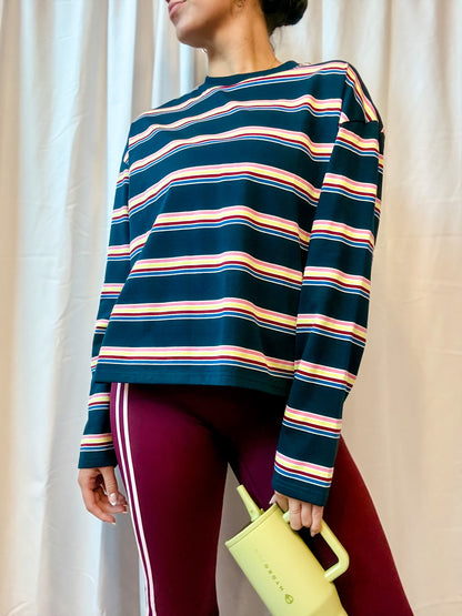 Navy + Multi Color Stripe LS Tee