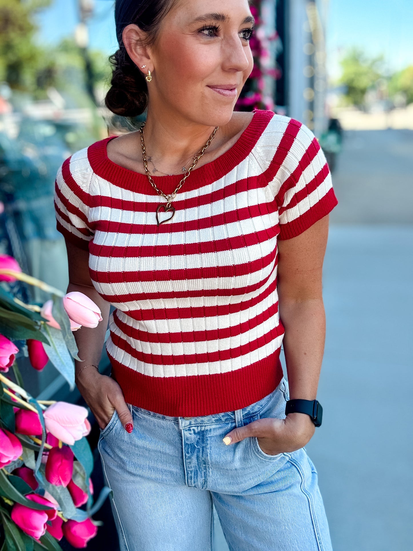 Red + White Stripe SS Sweater Top