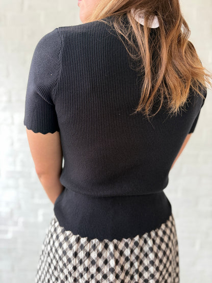 Black SS Scalloped Sweater Top