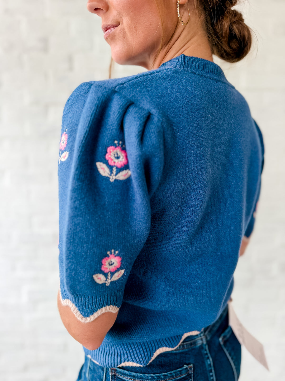 Blue Floral Embroidery Scalloped SS Sweater