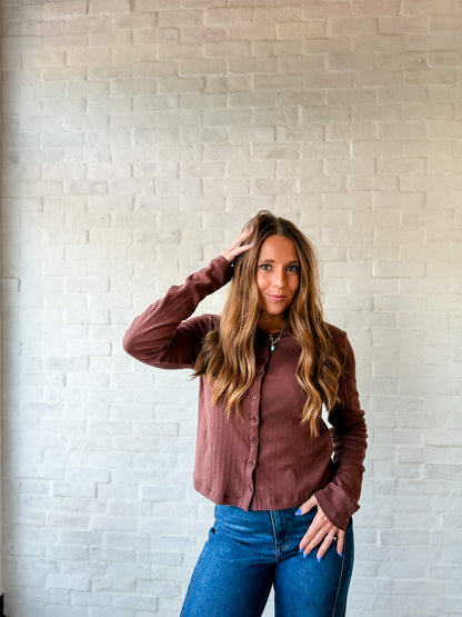Espresso Pointelle Collar Button Top