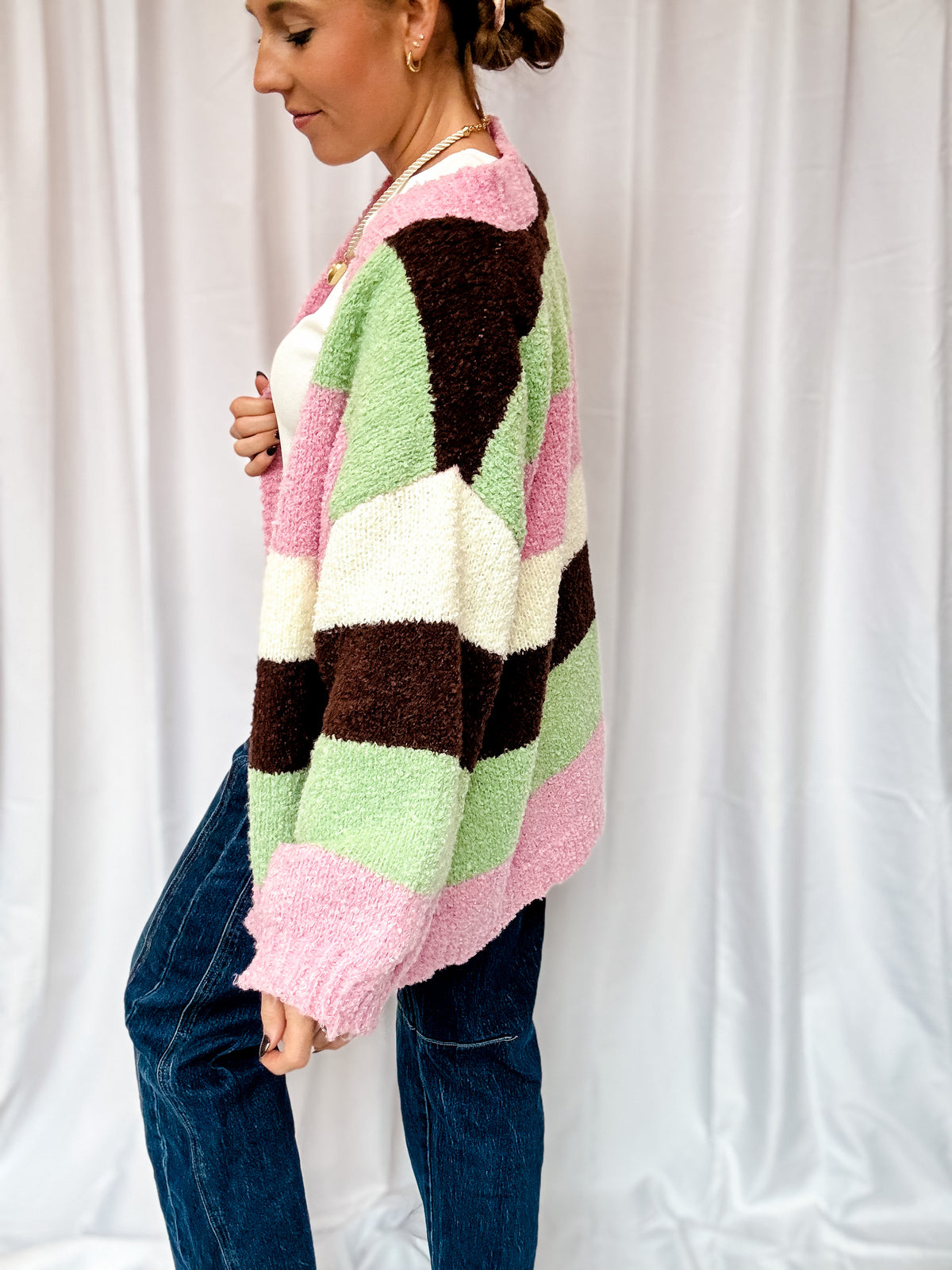 Fuzzy Pink Multi Open Cardigan