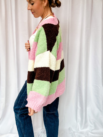 Fuzzy Pink Multi Open Cardigan