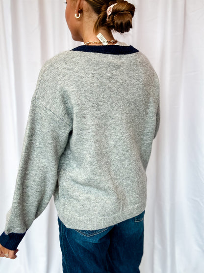 Gray + Navy Trim Button Sweater