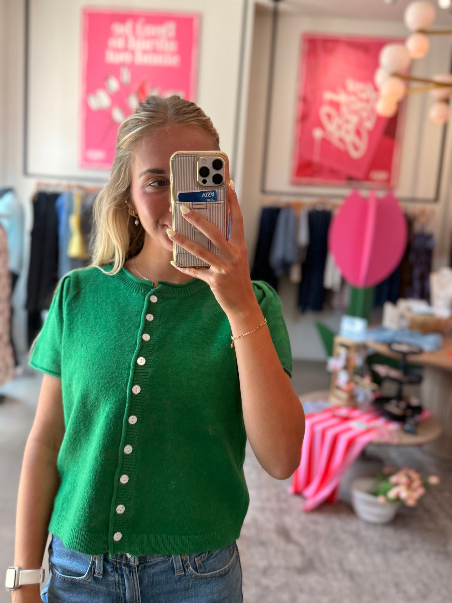 Emerald Green SS Button Sweater