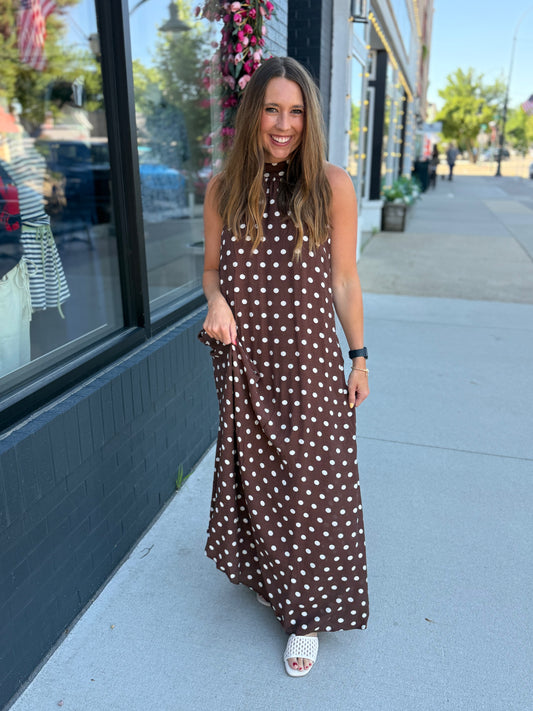 Brown Polka Dot Halter Maxi Dress