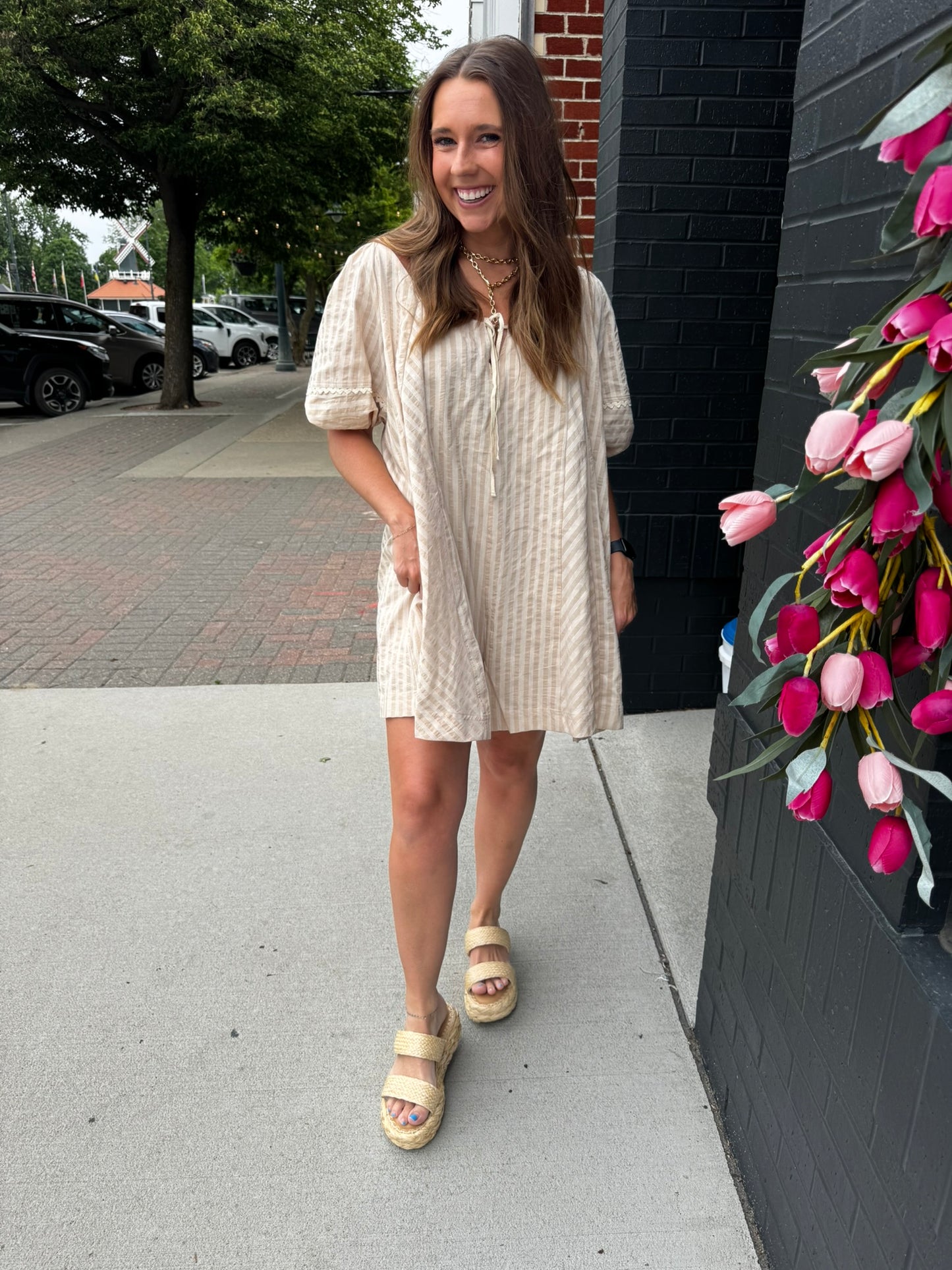 Taupe Stripe Flowy Romper