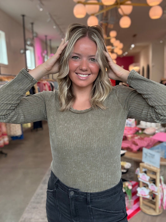 Olive Washed Lace Ribbed Top