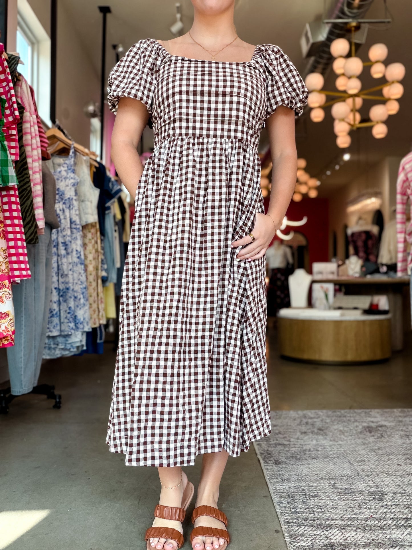 Brown Gingham Puff Sleeve Midi Dress