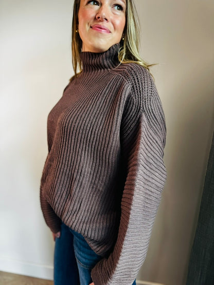 Dark Brown Oversized Mock Neck Sweater