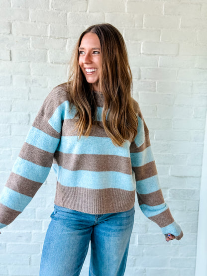 Brown + Blue Rolled Neck Sweater