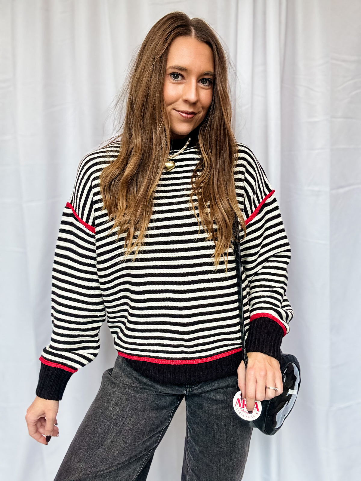 B+W Stripe Red Trim Sweater