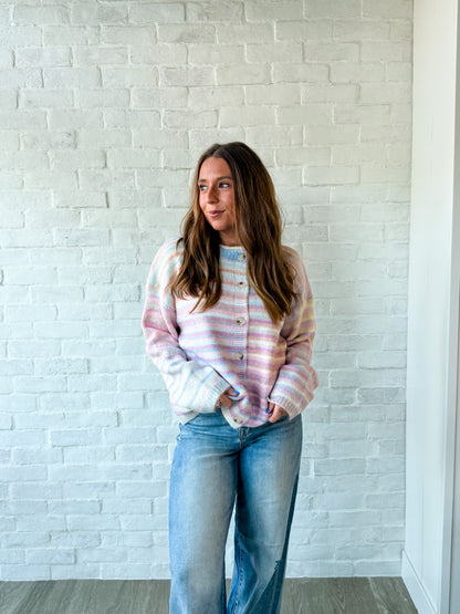 Bubble Gum Multi Stripe Button Sweater