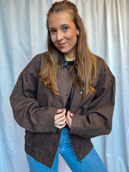 Brown Leather Collar Zip Jacket