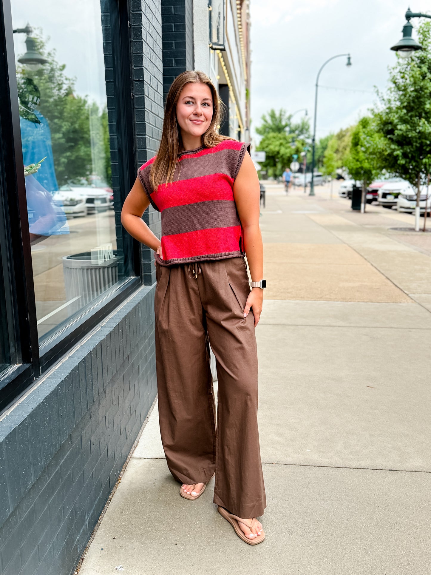 Brown + Red Blocked Stripe SS Sweater