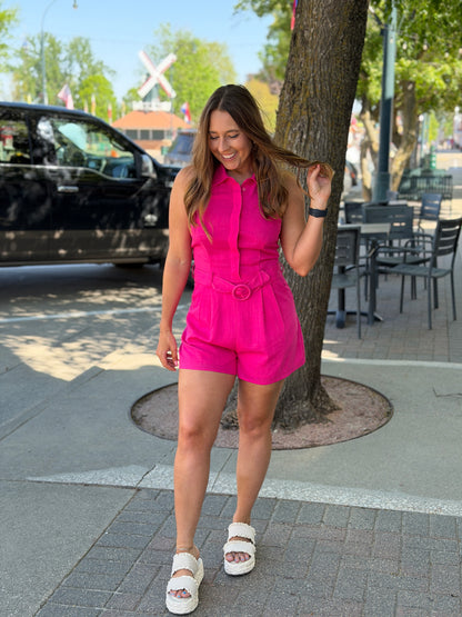 Pink Belted Halter Romper