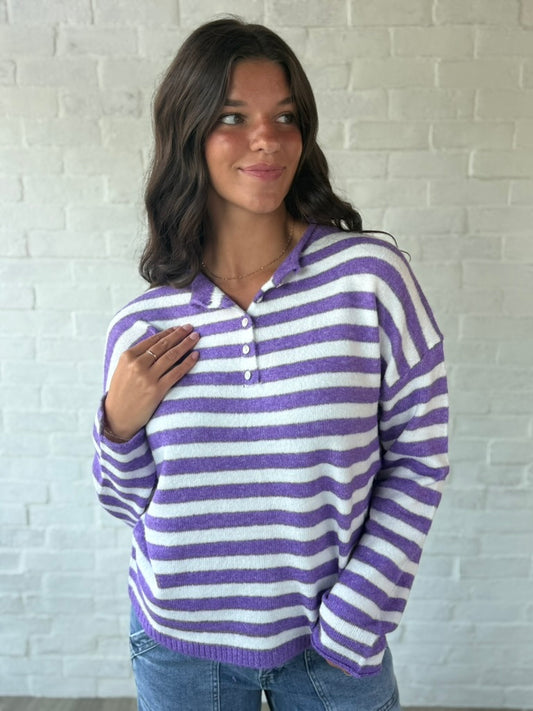 Purple Stripe Button Down Sweater Top