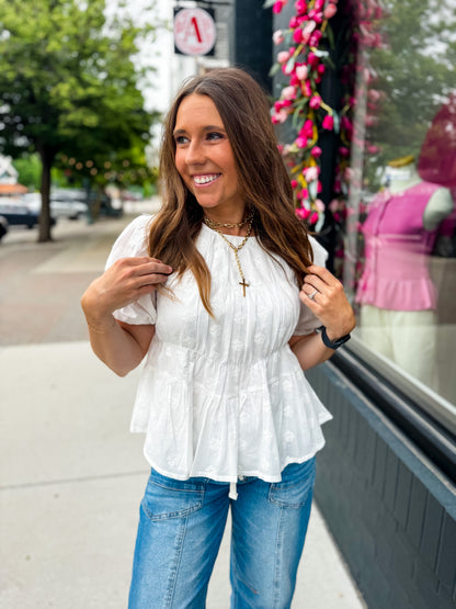Off White Elbow Sleeve Peplum Blouse