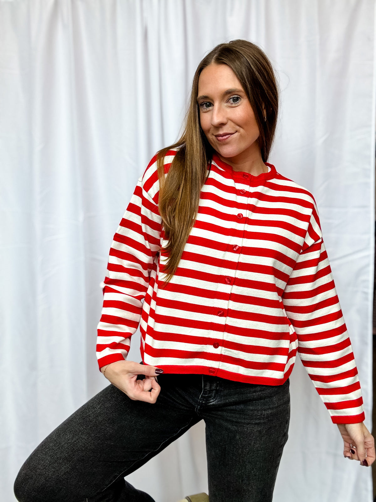 Red + White Stripe Button Cardigan Sweater