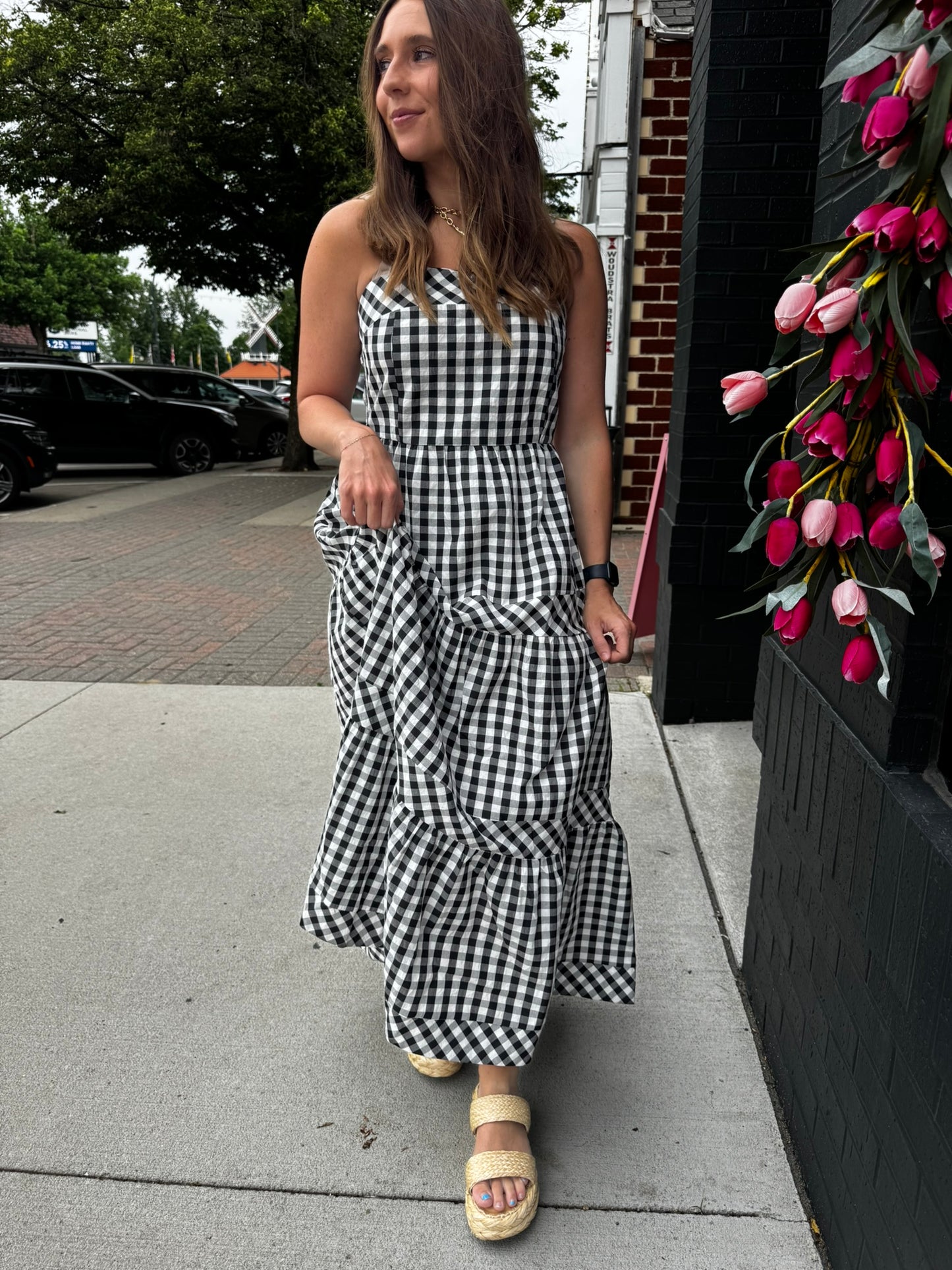 Black + White Gingham Midi Dress
