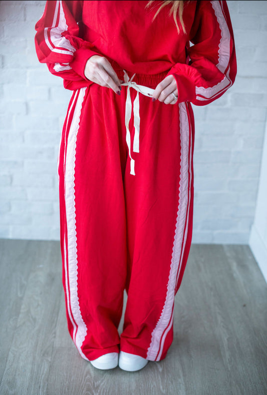 Red French Terry Lace Trim Pants