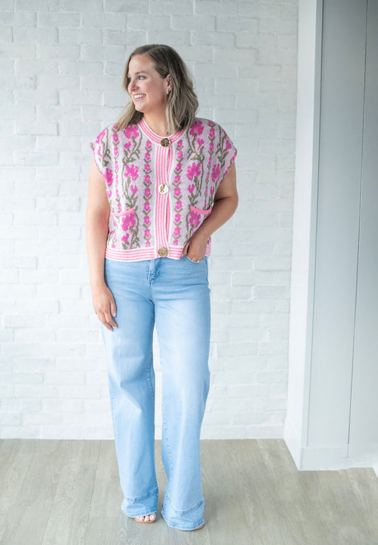 Pink Floral Knitted Sweater Vest
